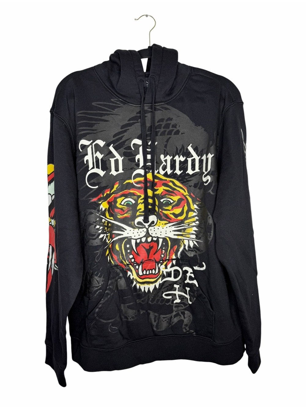 ED HARDY / black Crawling Tiger Head pullover hooded sweatshirt / L